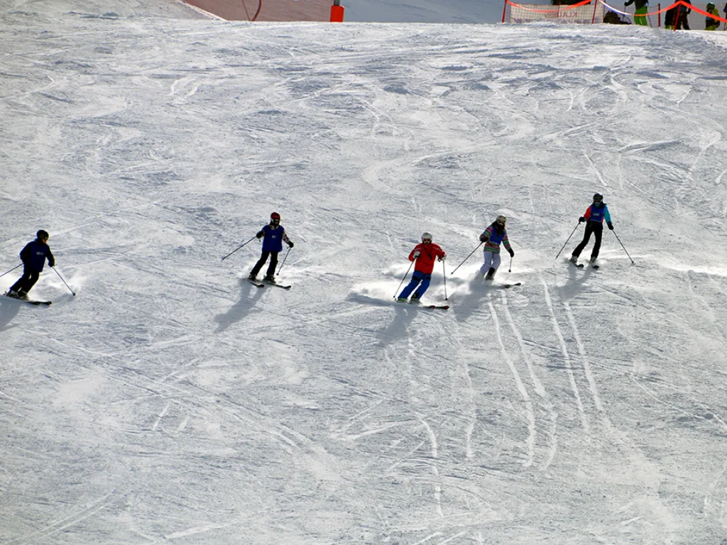 Mehrere Skifahrende ziehen ihre Spuren über den Hang.
